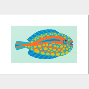 TROPICAL ZONE SINGLE SPOTTED FISH Coral Reef Undersea Ocean Sea Creatures in Bright Multi-Colours on Light Aqua - UnBlink Studio by Jackie Tahara Posters and Art